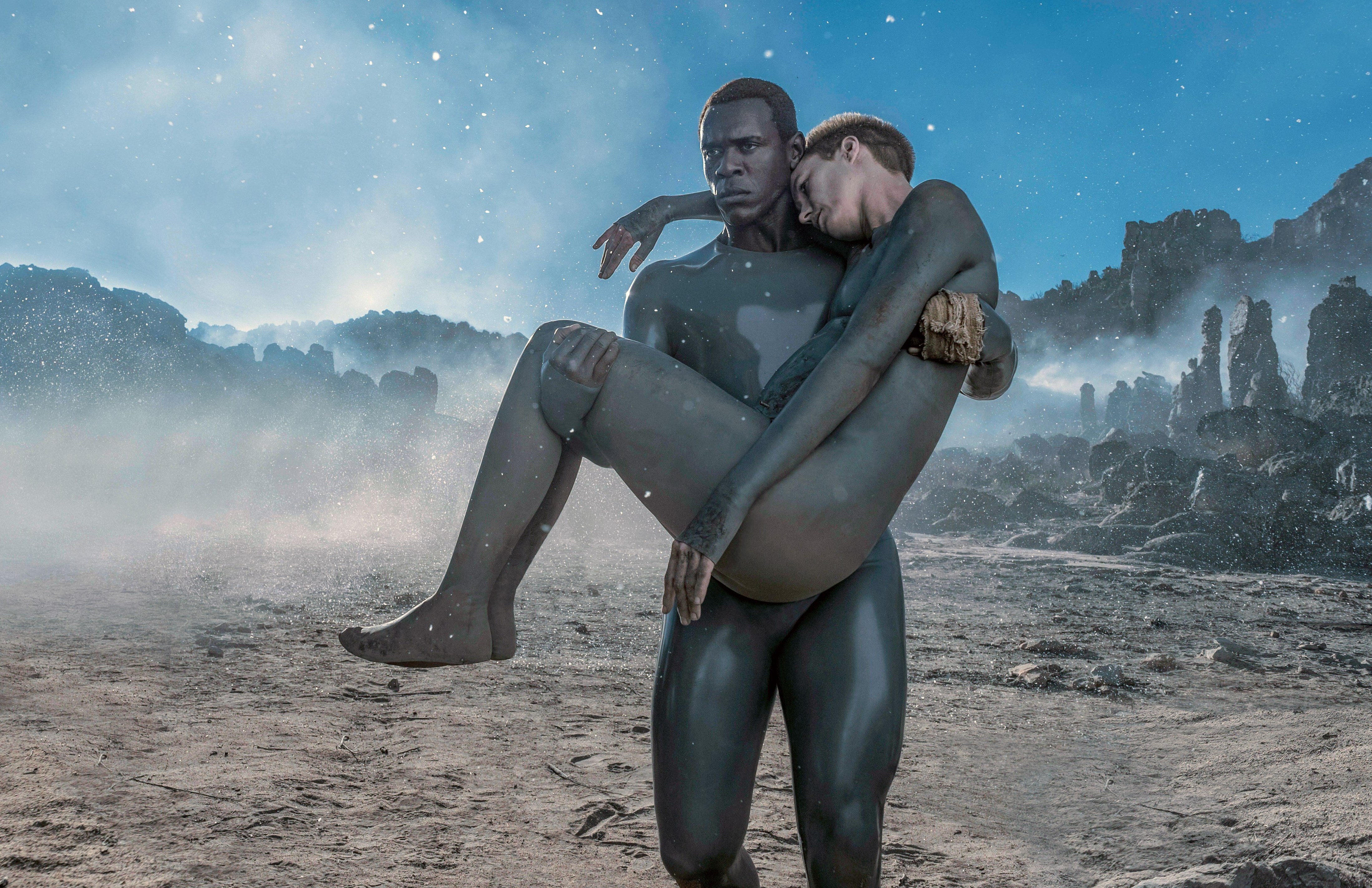 Amanda Collin and Abubakar Salim in a scene from Raised by Wolves.