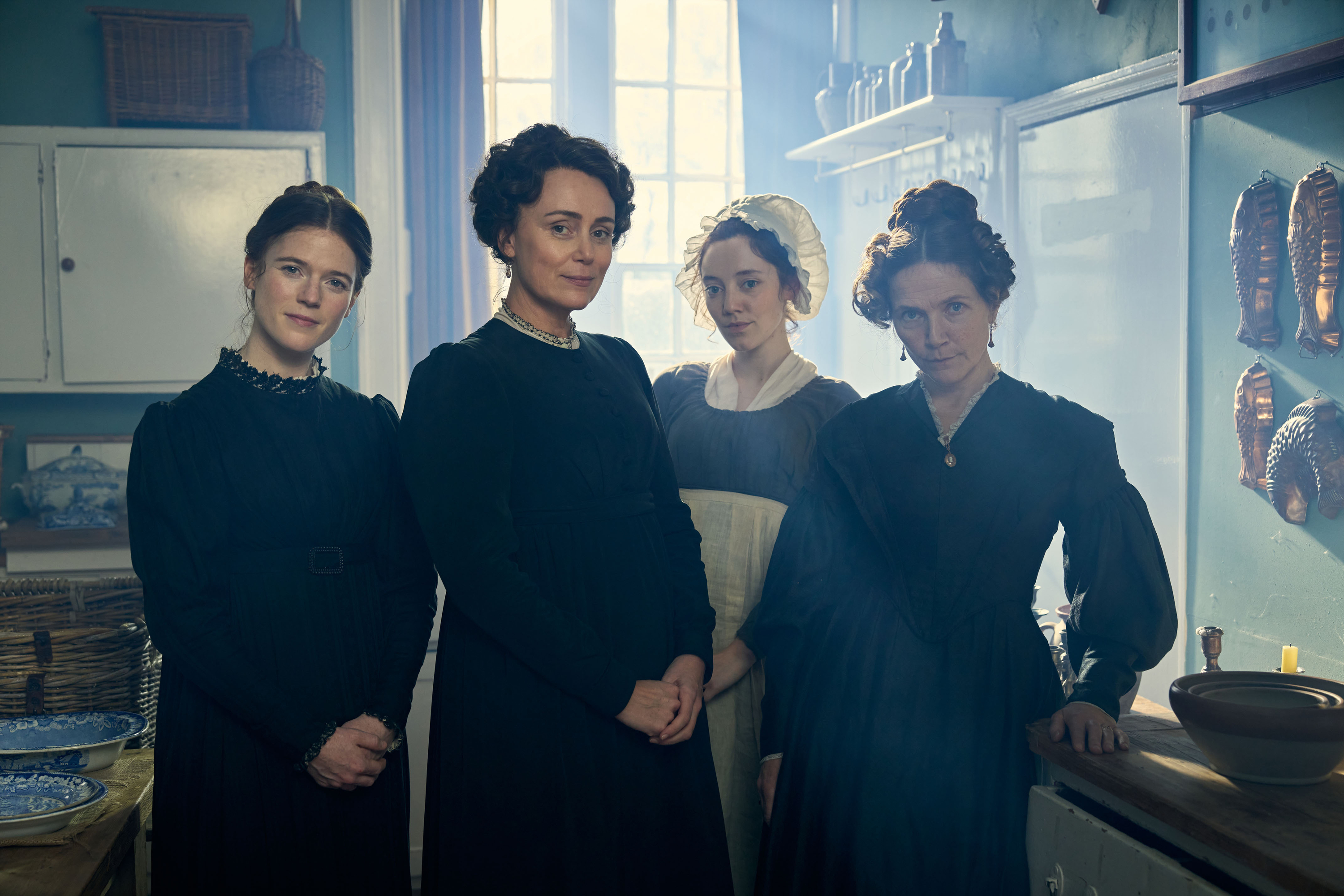 Promotional photo of four women in period costume from the TV series Miss Austen.