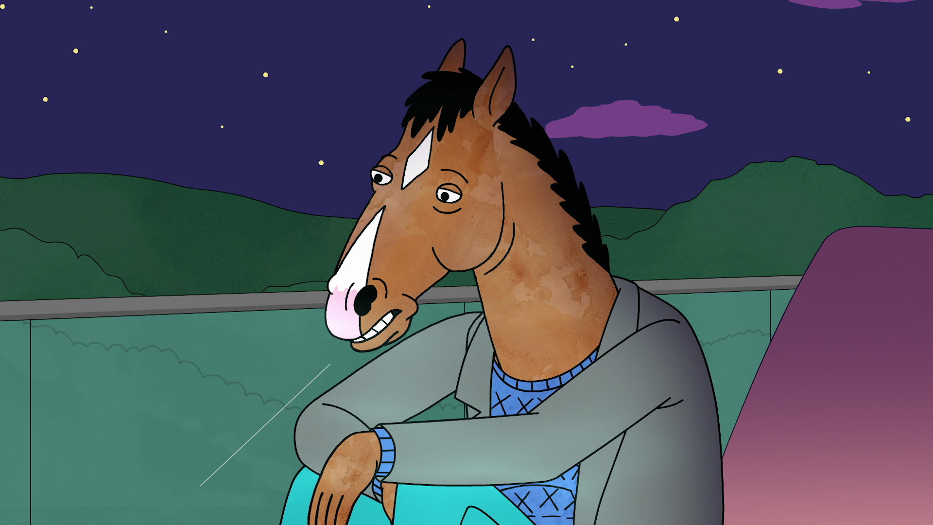 a cartoon drawing of a horse wearing a blue sweater