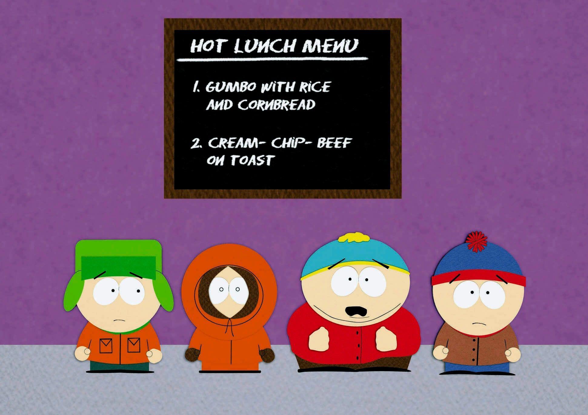four south park characters are standing in front of a hot lunch menu
